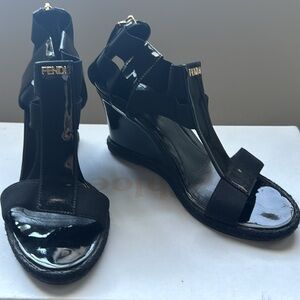 Fendi Black Patent Leather and Elastic T-Strap Espadrille Wedge Sandals